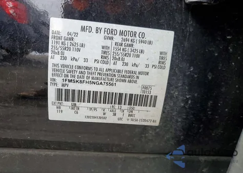 2022 Ford Explorer Limited z USA, uszkodzony, nr VIN 1FMSK8FH5NGA75561